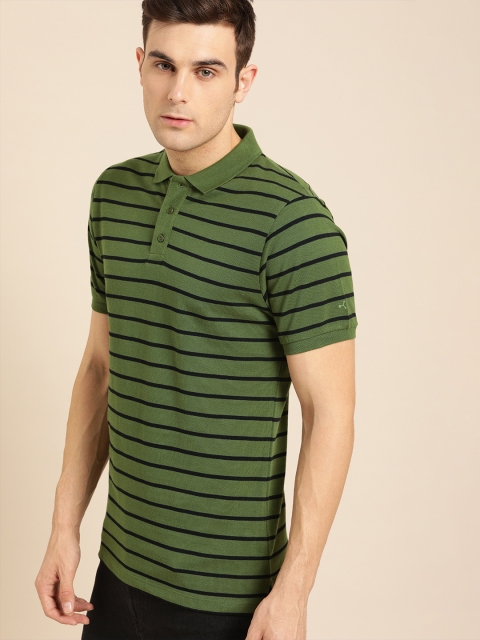 

ether Men Olive Green & Black Striped Polo Collar T-shirt