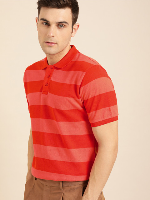 

ether Men Peach-Coloured & Coral Red Striped Polo Collar T-shirt