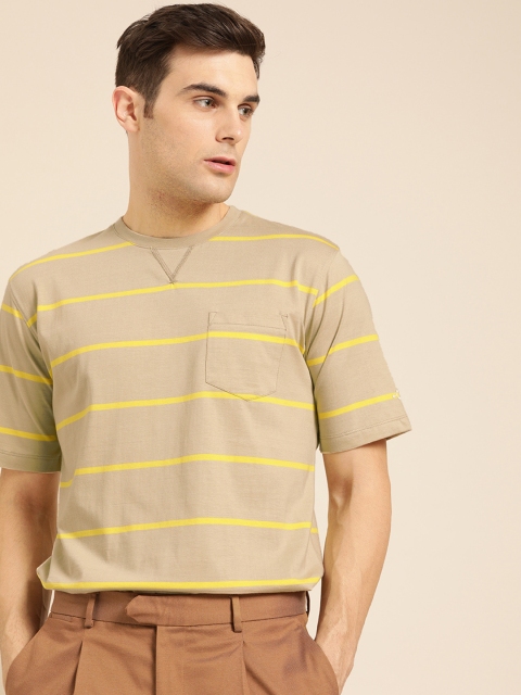 

ether Men Beige & Yellow Striped Round Neck T-shirt
