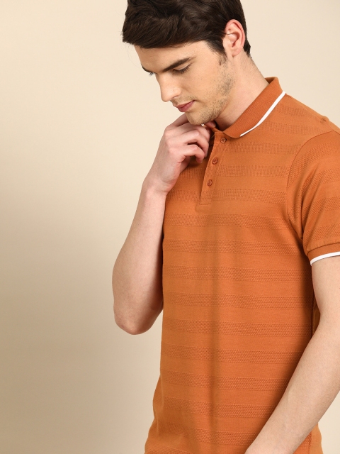 

ether Men Orange Self Striped Polo Collar T-shirt