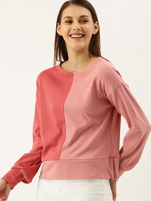 

ether Women Pink Colourblocked Top With Puff Sleeves