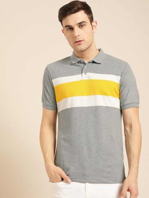 

ether Men Grey Yellow Striped Polo Collar Pure Cotton T-shirt