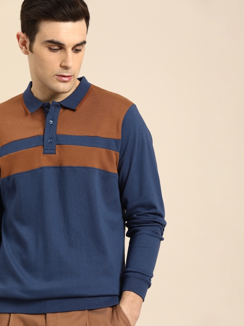 

ether Men Navy Blue & Brown Colourblocked Polo Collar T-shirt
