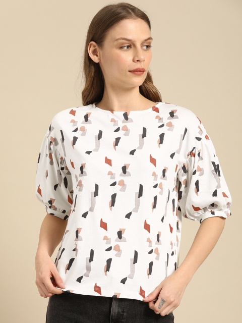 

ether Women Off-White Printed Round Neck Top