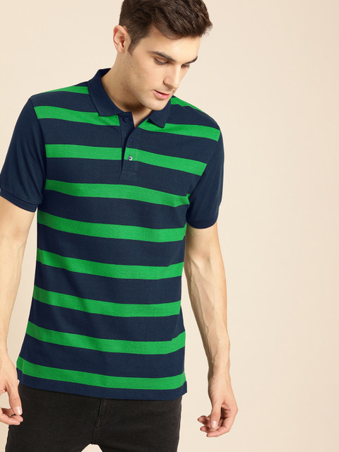

ether Men Navy Blue Striped Polo Collar T-shirt