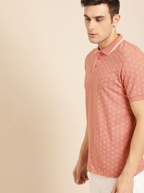 

ether Men Pink White Printed Polo Collar Pure Cotton T-shirt