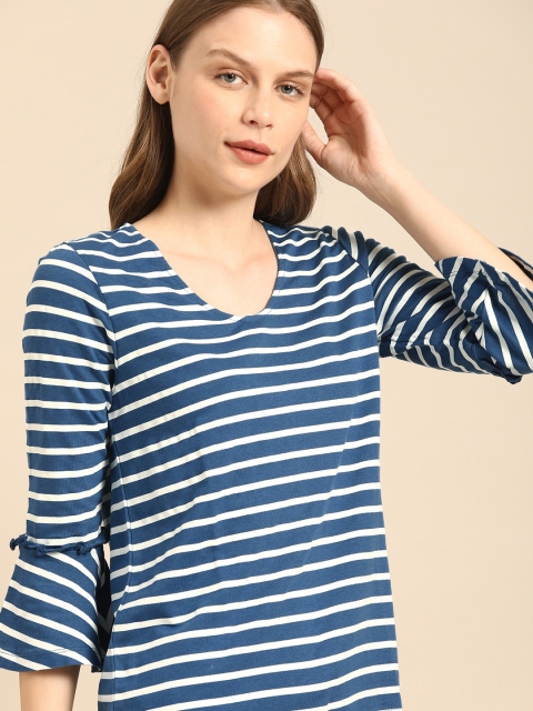 

ether Women Blue & White Striped V-Neck T-shirt