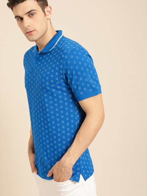 

ether Men Blue & White Printed Polo Collar T-shirt