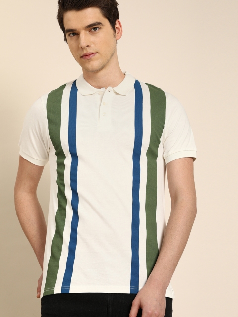 

ether Men White & Green Striped Polo Collar T-shirt