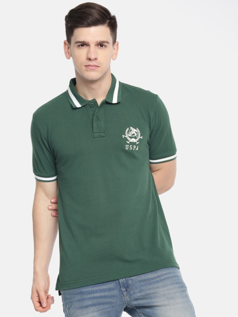 

U.S. Polo Assn. Men Green White Solid Polo Collar Pure Cotton T-shirt