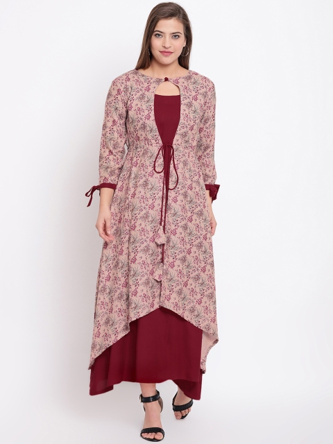 

Kvsfab Women Maroon & Pink Printed A-Line Kurta