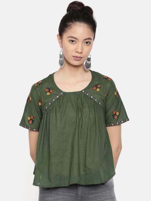 

Chumbak Women Green Boxy Top with Floral Embroidery