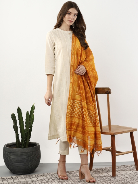 

Sangria Women Off-White Solid Kurta with Trousers & Dupatta