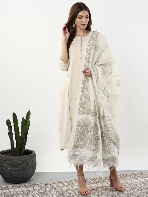 

Sangria Women Off-White Solid Kurta with Trousers & Dupatta
