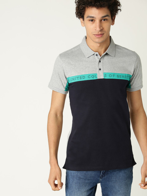 

United Colors of Benetton Men Navy & Grey Melange Colourblocked Polo Collar T-shirt, Navy blue