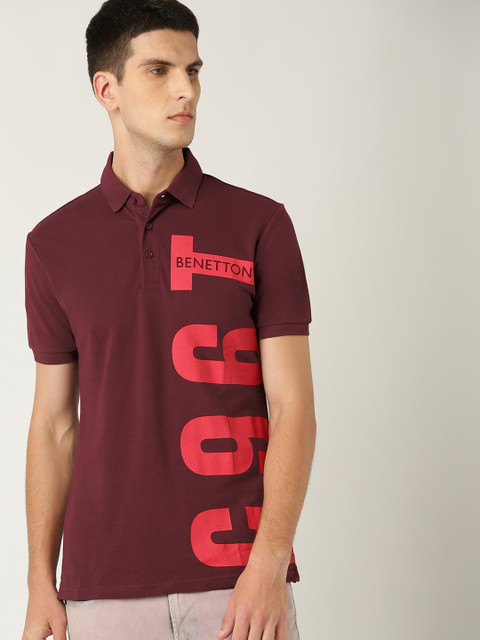

United Colors of Benetton Men Burgundy & Red Printed Polo Collar T-shirt