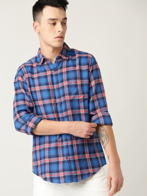 

United Colors of Benetton Men Blue & Orange Slim Fit Checked Casual Shirt