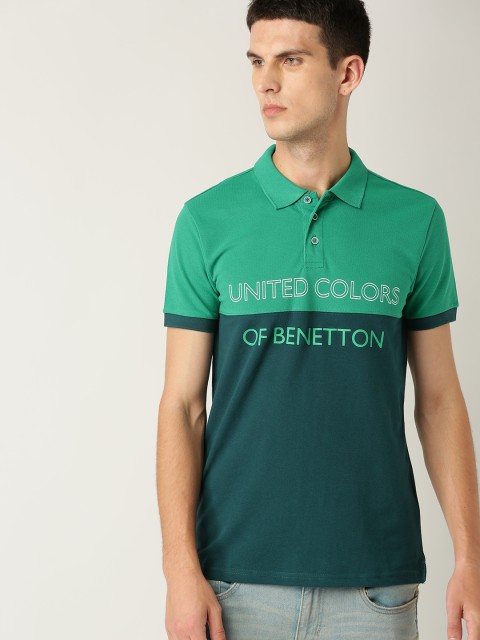 

United Colors of Benetton Men Green Colourblocked Polo Collar T-shirt