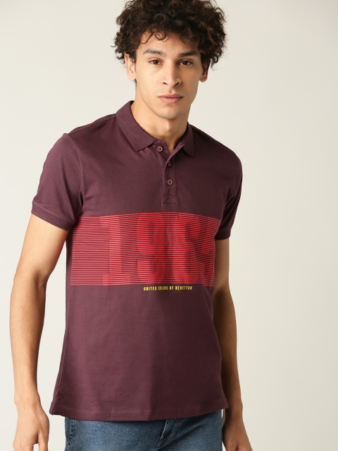 

United Colors of Benetton Men Burgundy & Red Printed Polo Collar T-shirt