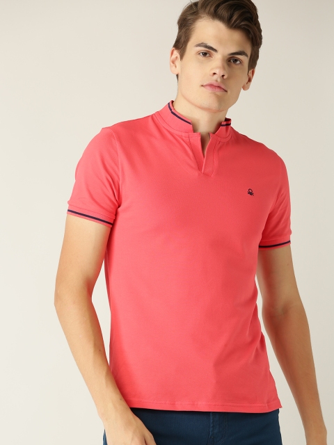 

United Colors of Benetton Men Coral Pink Solid Stand Collar T-shirt