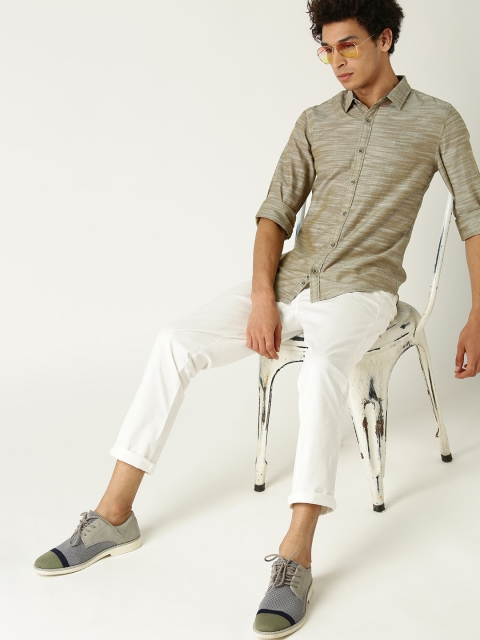 

United Colors of Benetton Men Olive Green Regular Fit Self Striped Casual Shirt