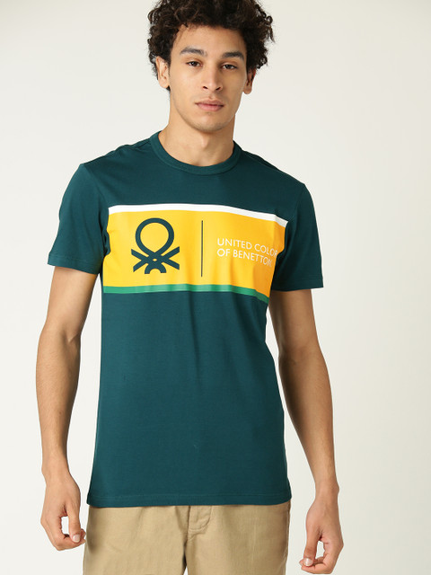 

United Colors of Benetton Men Teal Green Printed Round Neck T-shirt