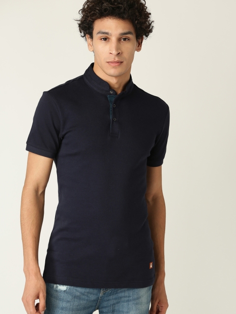 

United Colors of Benetton Men Navy Blue Solid Stand Collar T-shirt