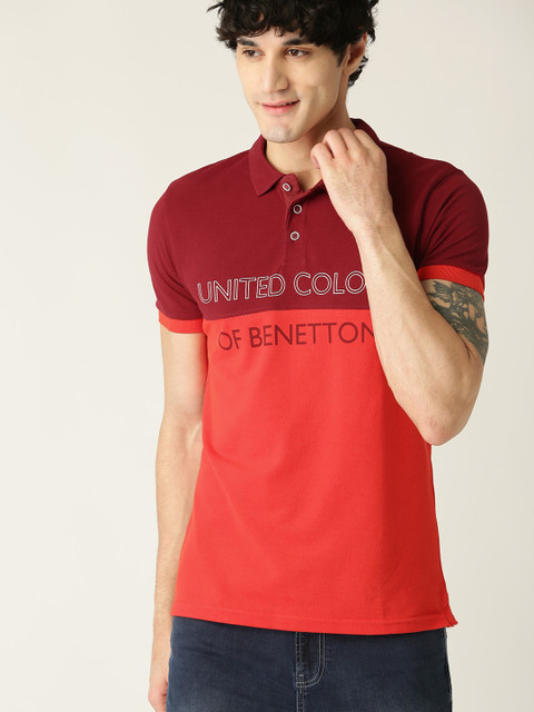 

United Colors of Benetton Men Red Colourblocked Polo Collar T-shirt