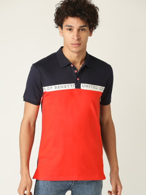 

United Colors of Benetton Men Navy Blue & Red Colourblocked Polo Collar T-shirt