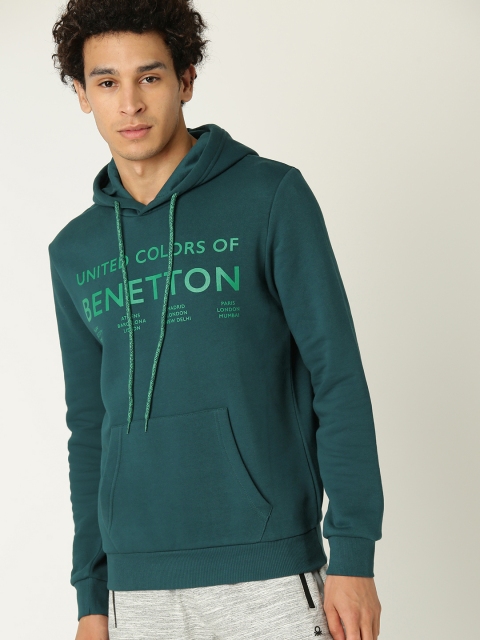 

United Colors of Benetton Men Teal Green Printed Hooded Sweatshirt