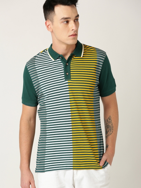 

United Colors of Benetton Men Teal Green & Yellow Striped Polo Collar T-shirt