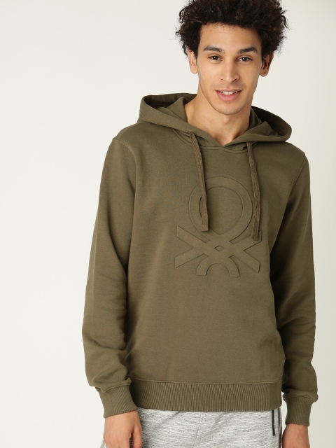 

United Colors of Benetton Men Olive Green Embossed Print Hooded Sweatshirt