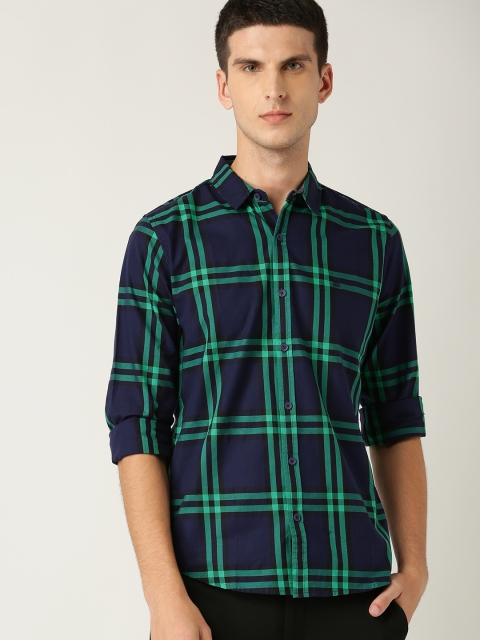 

United Colors of Benetton Men Navy Blue & Green Slim Fit Checked Casual Shirt