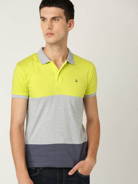 

United Colors of Benetton Men Lime Green & Grey Colourblocked Polo Collar T-shirt