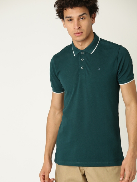

United Colors of Benetton Men Green Solid Polo Collar T-shirt, Teal
