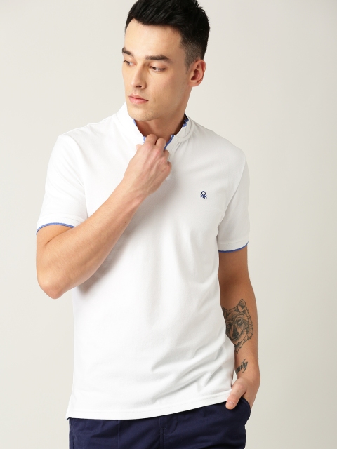 

United Colors of Benetton Men White Solid Stand Collar T-shirt