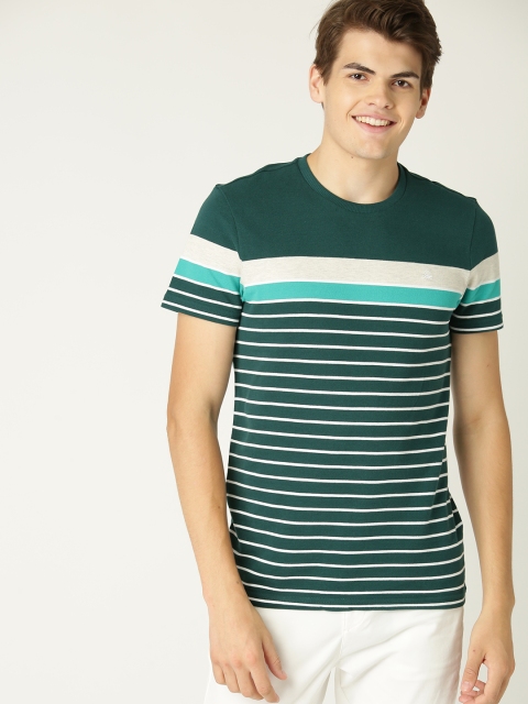 

United Colors of Benetton Men Green & White Striped T-shirt