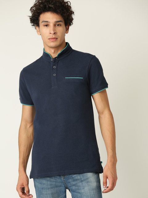 

United Colors of Benetton Men Navy Blue Solid Stand Collar T-shirt