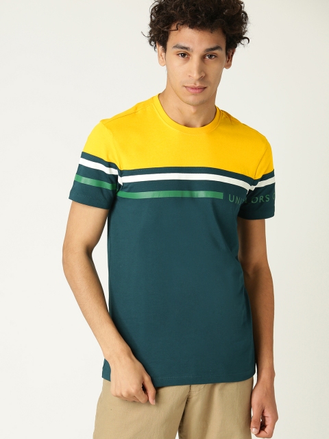 

United Colors of Benetton Men Teal Green & Yellow Colourblocked Round Neck T-shirt