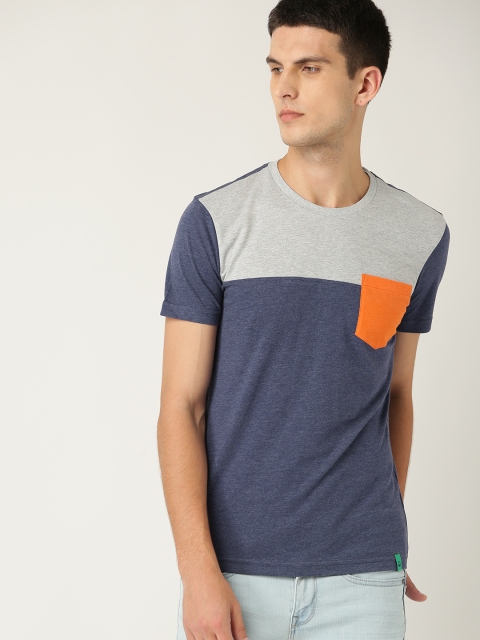 

United Colors of Benetton Men Blue & Grey Melange Colourblocked Round Neck T-shirt