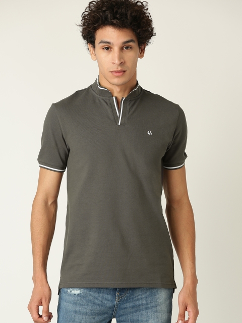 

United Colors of Benetton Men Charcoal Grey Solid Stand Collar T-shirt
