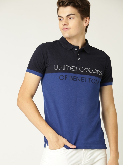 

United Colors of Benetton Men Blue Colourblocked Polo Collar T-shirt