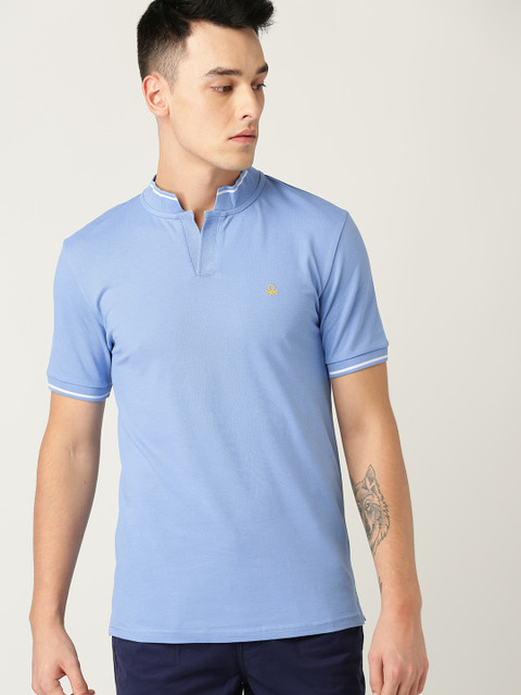 

United Colors of Benetton Men Blue Solid Stand Collar T-shirt