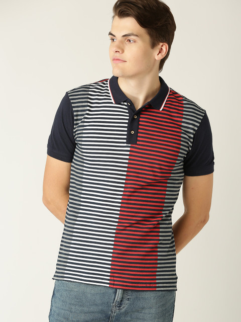 

United Colors of Benetton Men Navy Blue & White Striped Polo Collar T-shirt