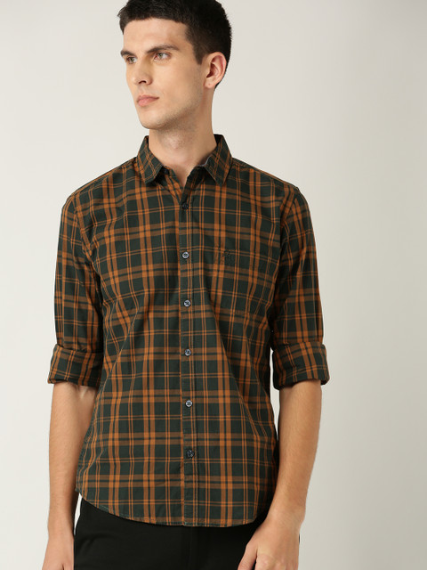 

United Colors of Benetton Men Green & Orange Slim Fit Checked Casual Shirt