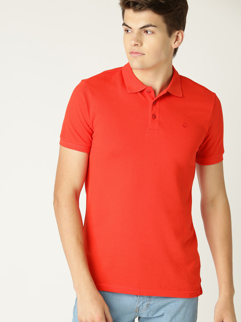 

United Colors of Benetton Men Coral Red Solid Polo Neck T-shirt