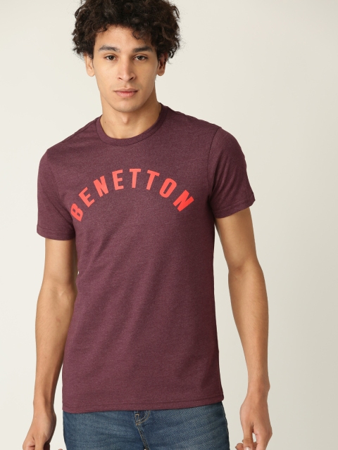 

United Colors of Benetton Men Burgundy & Orange Printed Round Neck T-shirt