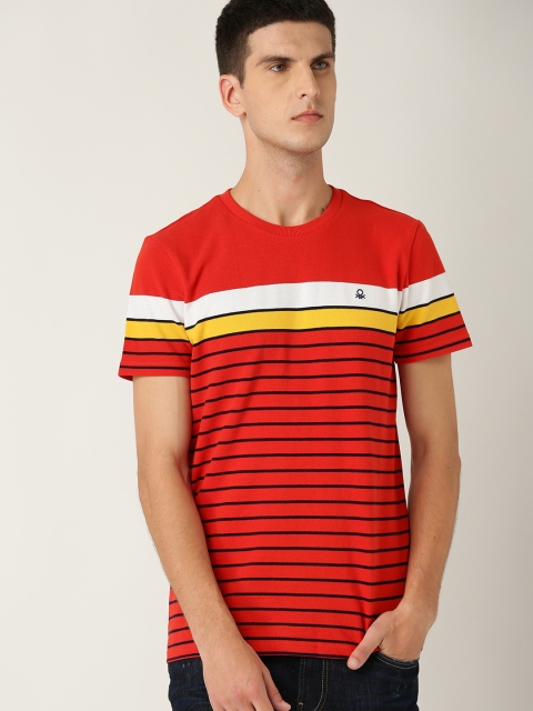 

United Colors of Benetton Men Orange & Navy Striped Round Neck T-shirt