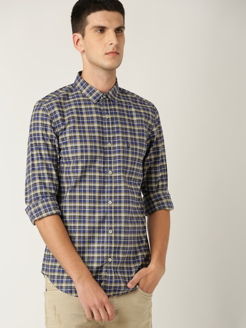 

United Colors of Benetton Men Blue & Beige Slim Fit Checked Casual Shirt