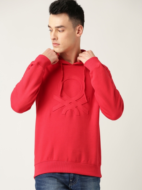 

United Colors of Benetton Men Red Self Design Hooded Sweatshirt